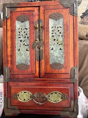 Ornate Wooden Jewelry Armoire in Burnt Orange Finish